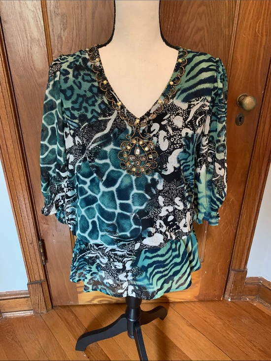 Jennie & Marlis Tops - Jennie & Marlis Embellished Teal Animal-Print V-Neck Blouse